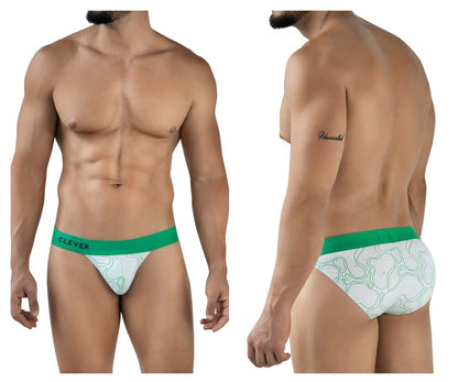 Men’s briefs with green and white maze pattern and bold green clever waistband in clever 2057 maze bikini color green