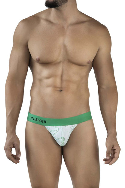 White briefs with green waistband featuring clever brand name and abstract line pattern from clever 2057 maze bikini color green collection