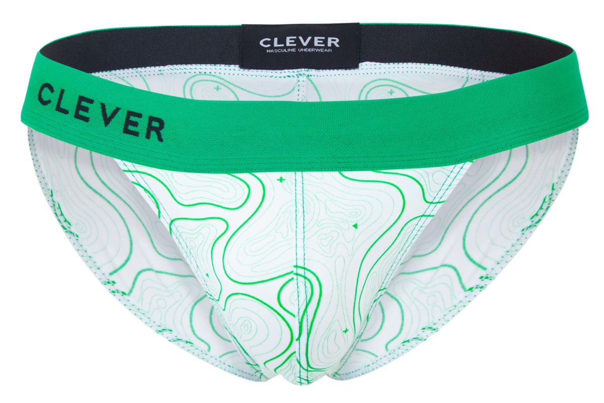 Green and white topographic patterned clever 2057 maze bikini underwear with bold green waistband and clever brand name