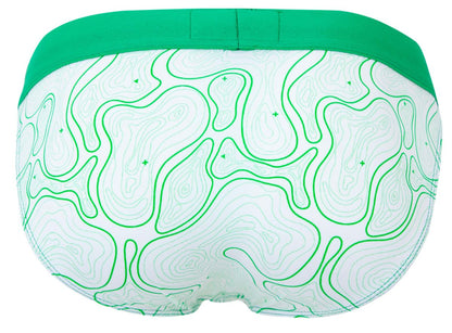 White briefs with green topographic map pattern and solid green waistband from clever 2057 maze bikini collection
