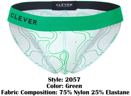 Green and white patterned men’s briefs with a bold green waistband featuring the clever brand name maze bikini color green