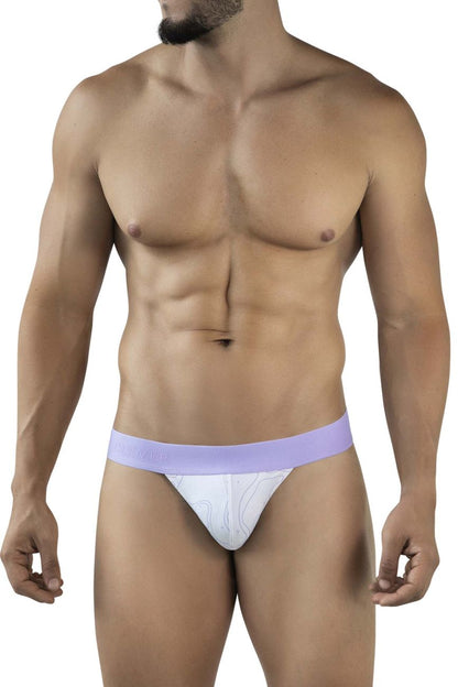 White thong bikini with lavender waistband and subtle white pattern from clever 2057 maze bikini color lilac collection