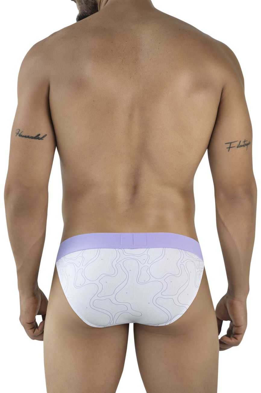 White clever 2057 maze bikini briefs with lavender waistband and subtle gray abstract line pattern in lilac color