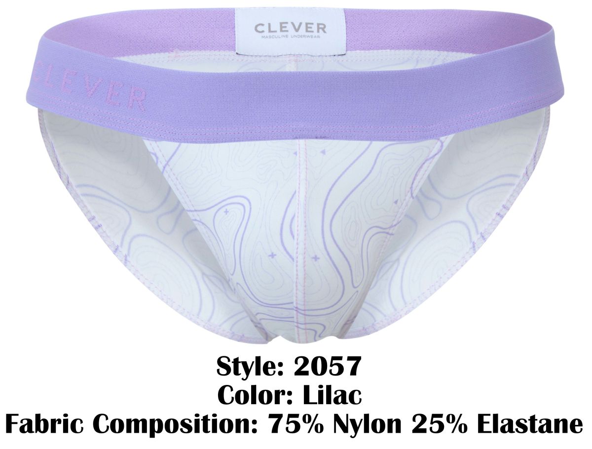 Lilac-colored clever 2057 maze bikini underwear with white body, subtle purple contour patterns, and elastic waistband