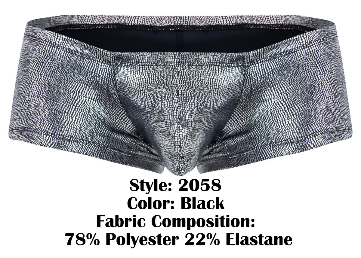 Black clever 2058 sparkles trunks briefs with metallic silver crocodile skin texture and elastic waistband