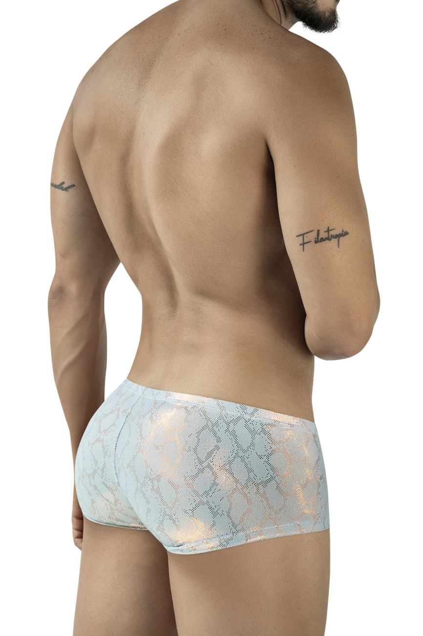 Light blue and white snakeskin patterned clever 2061 diamond trunks men’s briefs with sheer shimmering texture