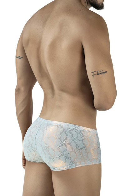Light blue and white snakeskin patterned clever 2061 diamond trunks men’s briefs with sheer shimmering texture