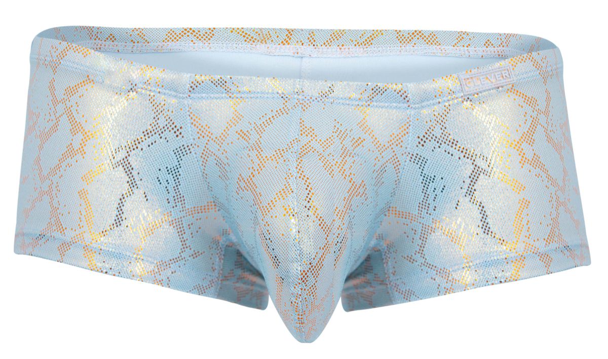 Light blue and gold snakeskin-patterned men’s briefs with shiny textured fabric clever 2061 diamond trunks color blue