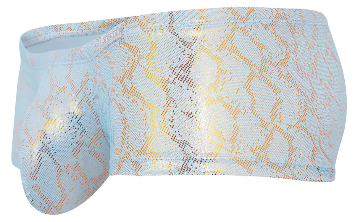 Light blue and gold snake print clever 2061 diamond swim trunks with shiny textured fabric for men