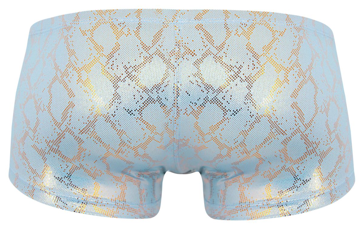 Light blue iridescent boxer briefs with shimmering gold snake-scale pattern from Clever 2061 Diamond Trunks collection