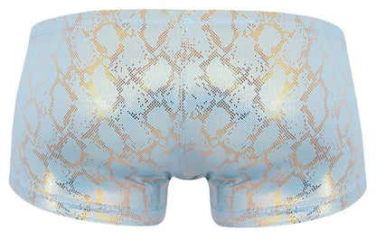 Light blue iridescent boxer briefs with shimmering gold snake-scale pattern from Clever 2061 Diamond Trunks collection