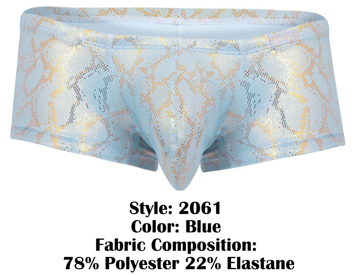 Light blue clever 2061 diamond trunks men’s briefs with shimmering gold snake print pattern front view