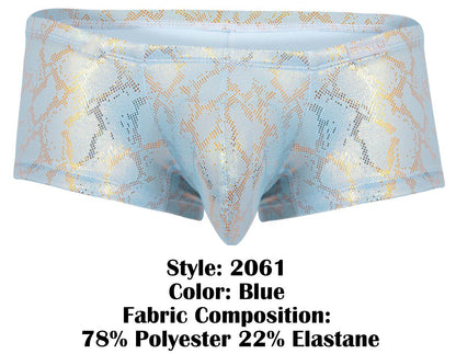 Light blue clever 2061 diamond trunks men’s briefs with shimmering gold snake print pattern front view