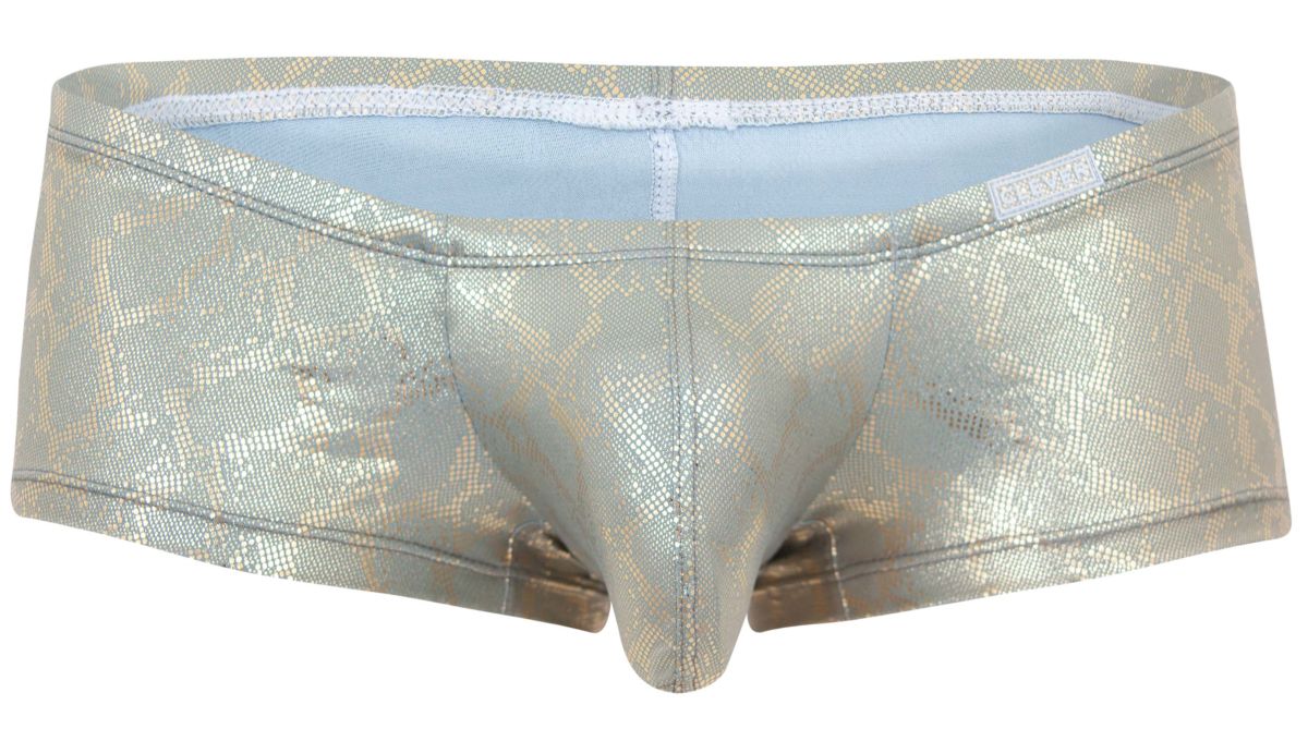 Shiny metallic silver snake-scale patterned men’s briefs clever 2061 diamond trunks with light blue lining