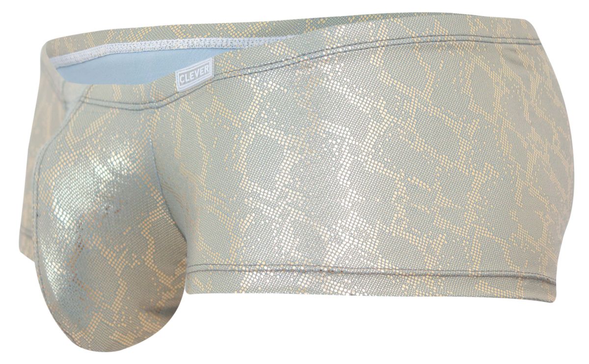Silver metallic snake-scale patterned men’s briefs with light blue lining by clever in gold color diamond trunks design