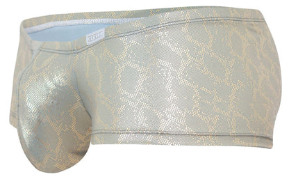 Silver metallic snake-scale patterned men’s briefs with light blue lining by clever in gold color diamond trunks design