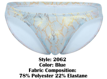 Clever 2062 diamond briefs blue swim trunks with shimmering gold snake-scale pattern and mesh detailing