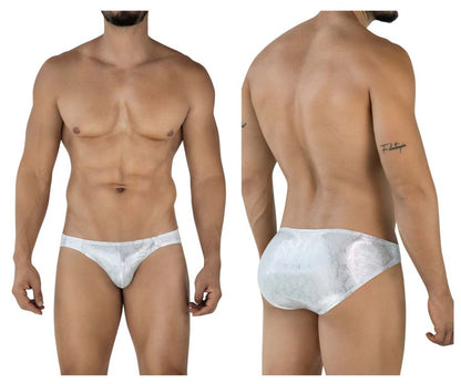 White lace-trimmed men’s briefs in silver with a subtle shimmering pattern from clever 2062 diamond briefs collection