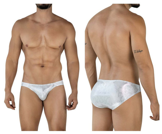 White lace-trimmed men’s briefs in silver with a subtle shimmering pattern from clever 2062 diamond briefs collection