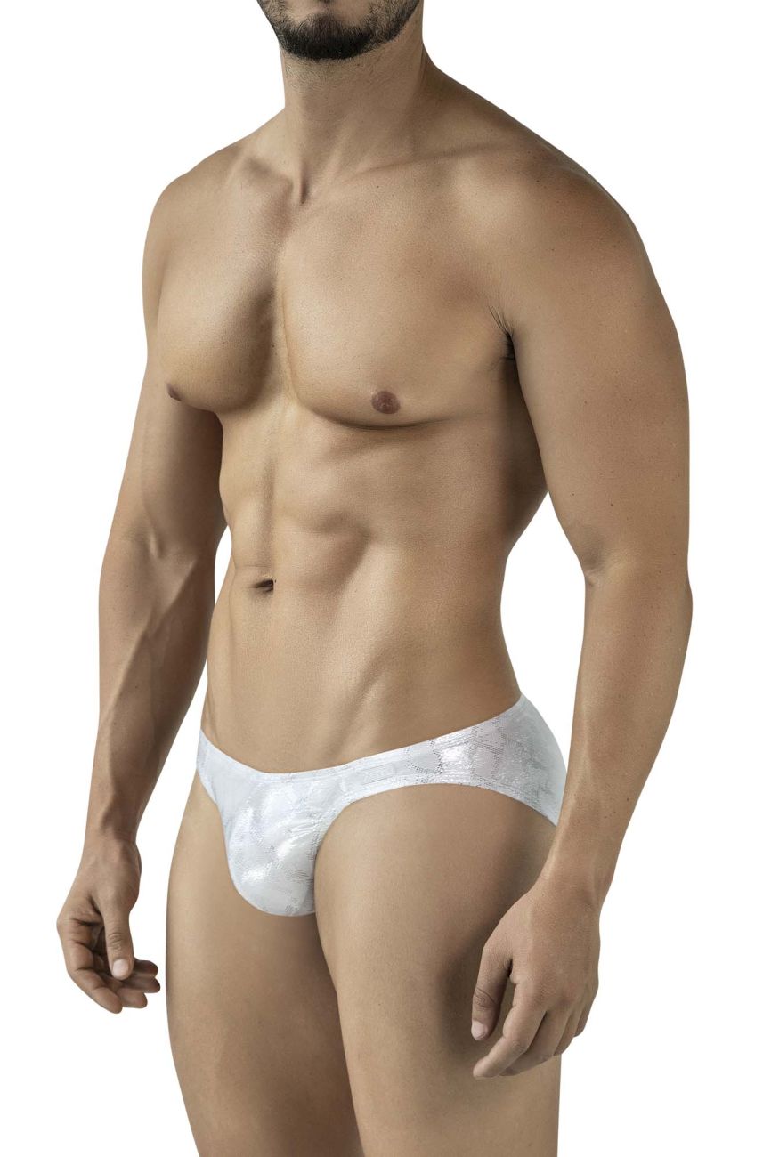 Silver clever 2062 diamond briefs white lace trim with subtle pattern men’s underwear front view
