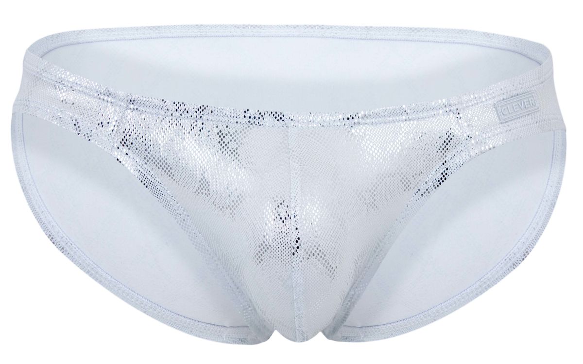 Silver sequined swim trunks with a mesh pattern and white trim from clever 2062 diamond briefs collection