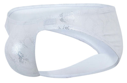 White mesh clever 2062 diamond briefs in silver with a subtle shimmering pattern and branded waistband label
