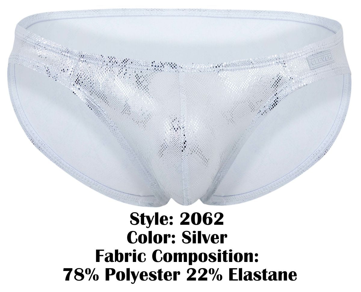 Silver clever 2062 diamond briefs metallic lace trimmed with shimmering patterned design and elastic waistband