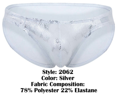 Silver clever 2062 diamond briefs metallic lace trimmed with shimmering patterned design and elastic waistband