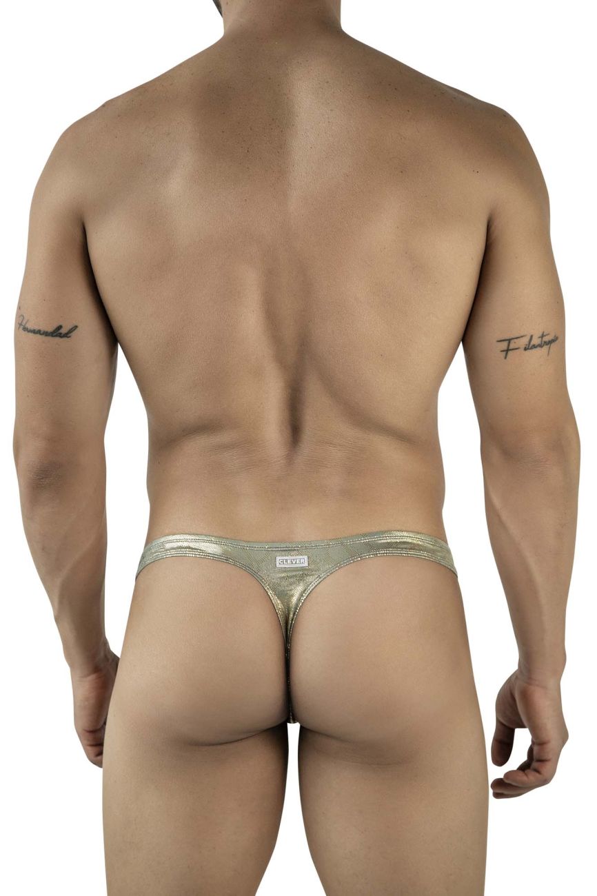 Shiny metallic gold clever 2063 diamond thong with sleek minimalist design and small brand tag visible from the back