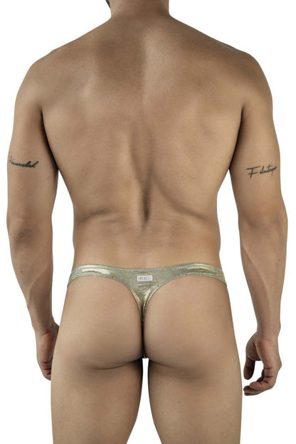 Shiny metallic gold clever 2063 diamond thong with sleek minimalist design and small brand tag visible from the back