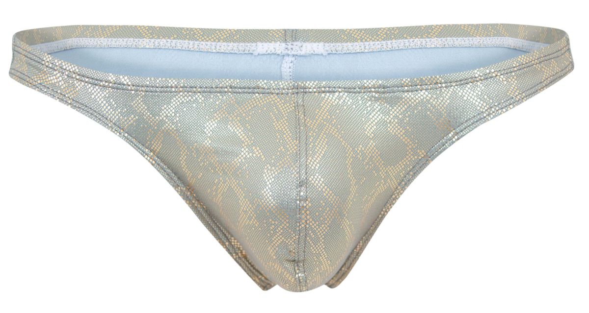 Shiny metallic gold snake-skin patterned thong with white lace trim and light blue interior lining clever 2063 diamond thong
