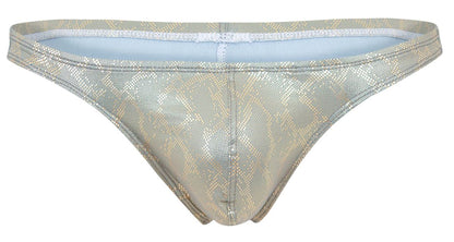 Shiny metallic gold snake-skin patterned thong with white lace trim and light blue interior lining clever 2063 diamond thong