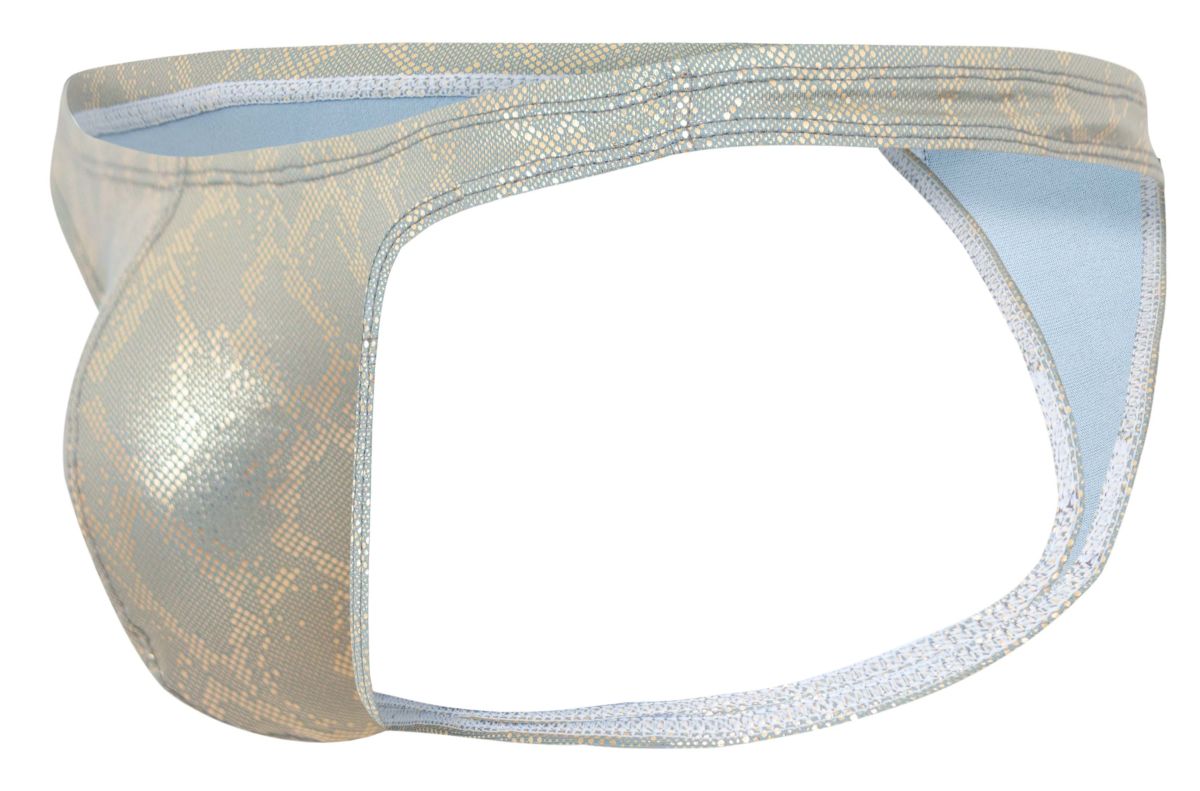 A shimmering silver snake print thong with light blue lining from clever 2063 diamond thongs gold collection