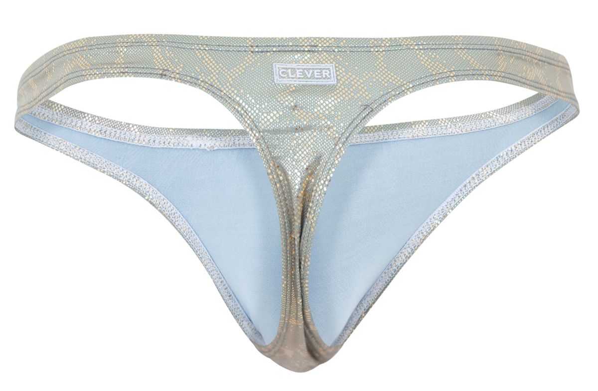 Silver metallic snake-scale patterned clever 2063 diamond thong with light blue lining in gold color