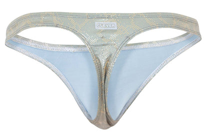 Silver metallic snake-scale patterned clever 2063 diamond thong with light blue lining in gold color