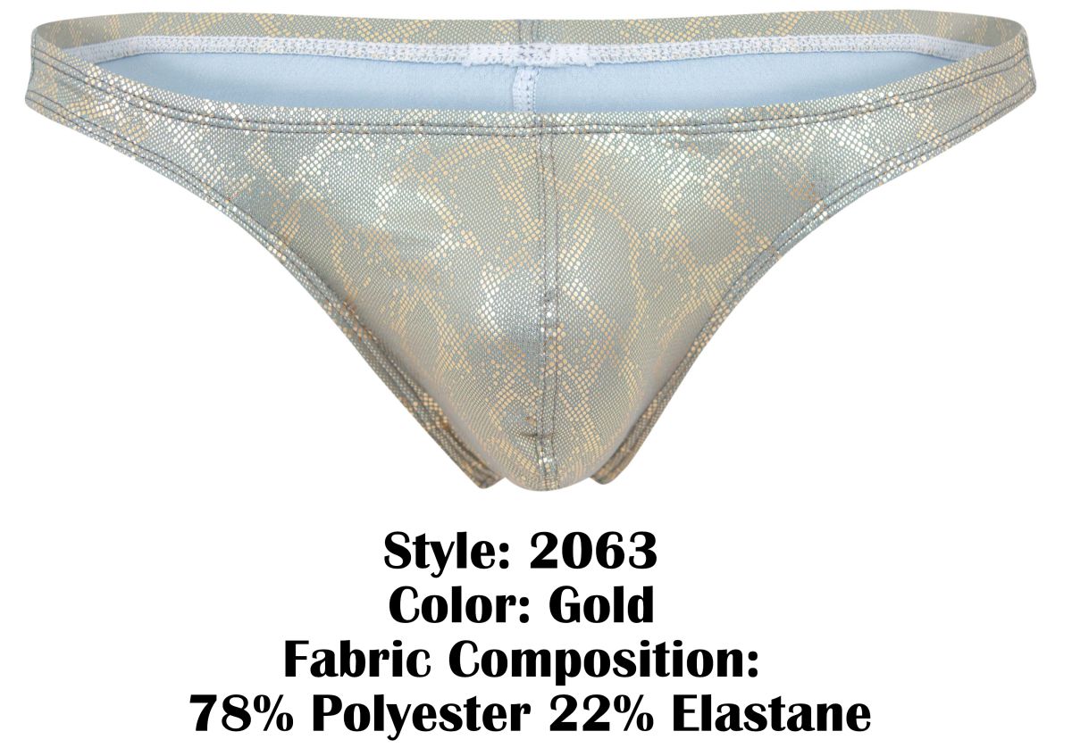 Gold-colored clever 2063 diamond thong with shiny snakeskin-patterned fabric made of polyester and elastane