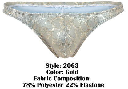 Gold-colored clever 2063 diamond thong with shiny snakeskin-patterned fabric made of polyester and elastane