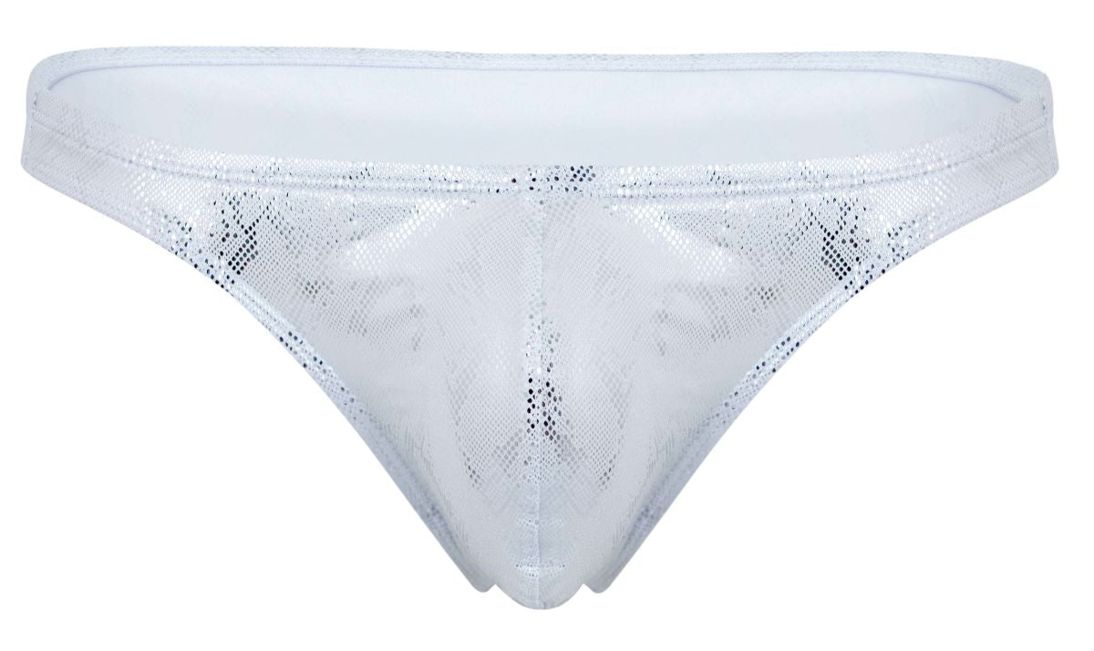 Clever 2063 diamond thong in silver with white sequins sheer mesh texture and subtle glittery detailing front view