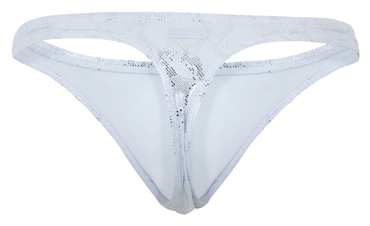 White lace thong with silver glitter detailing and subtle mesh pattern from clever 2063 diamond thongs color silver