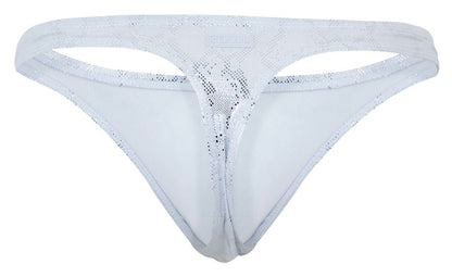 White lace thong with silver glitter detailing and subtle mesh pattern from clever 2063 diamond thongs color silver