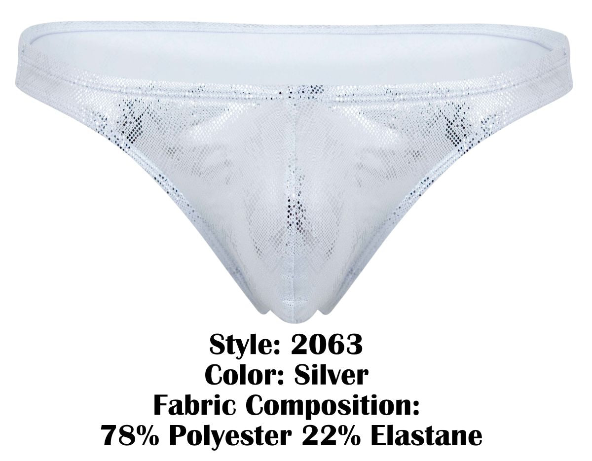 Silver clever 2063 diamond thong with lace trim shimmering mesh texture and subtle pattern on front side