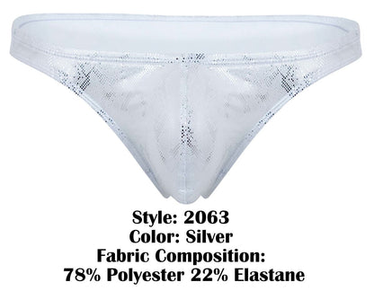 Silver clever 2063 diamond thong with lace trim shimmering mesh texture and subtle pattern on front side