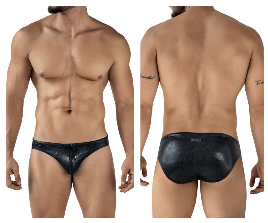 Black leather-textured clever 2065 gorgona swim briefs with drawstring waistband for swimming and beachwear