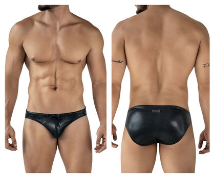 Black leather-textured clever 2065 gorgona swim briefs with drawstring waistband for swimming and beachwear