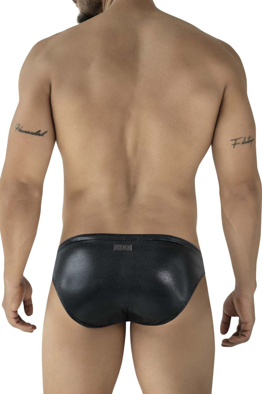 Black textured leather clever 2065 gorgona swim briefs with subtle sheen and small brand tag at waistband