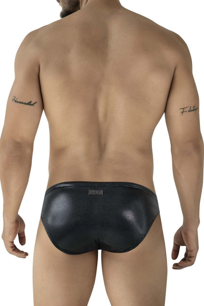 Black textured leather clever 2065 gorgona swim briefs with subtle sheen and small brand tag at waistband