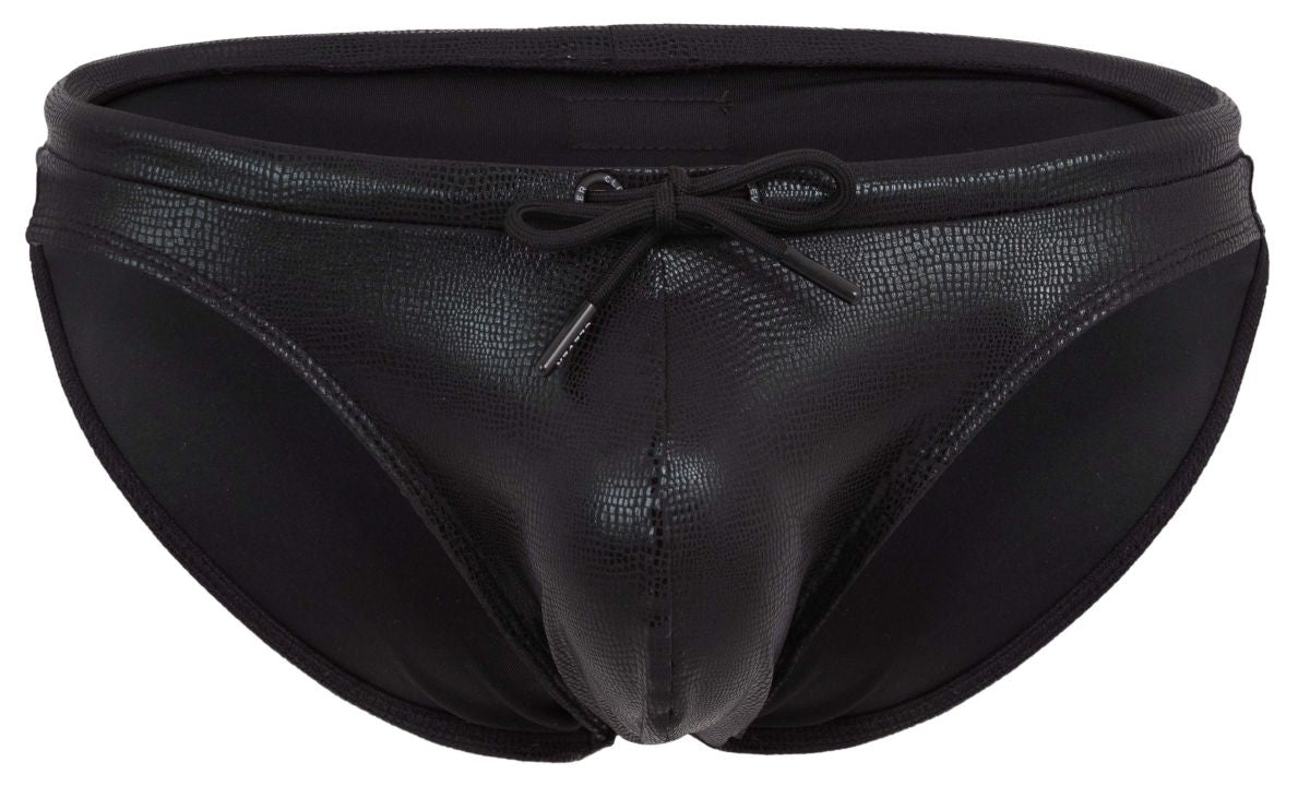 Black clever 2065 gorgona swim briefs with textured reptile skin finish and matching drawstring bow at the waist
