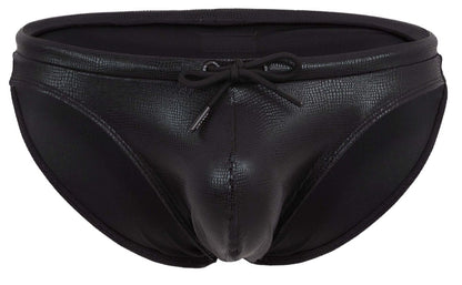 Black clever 2065 gorgona swim briefs with textured reptile skin finish and matching drawstring bow at the waist