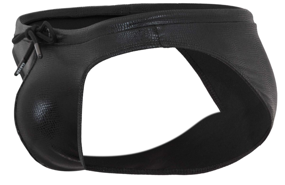 Black clever 2065 gorgona swim briefs made of faux leather with textured glossy finish and adjustable drawstring closure