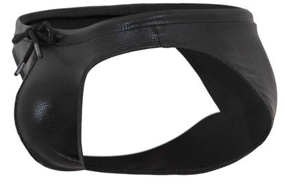 Black clever 2065 gorgona swim briefs made of faux leather with textured glossy finish and adjustable drawstring closure
